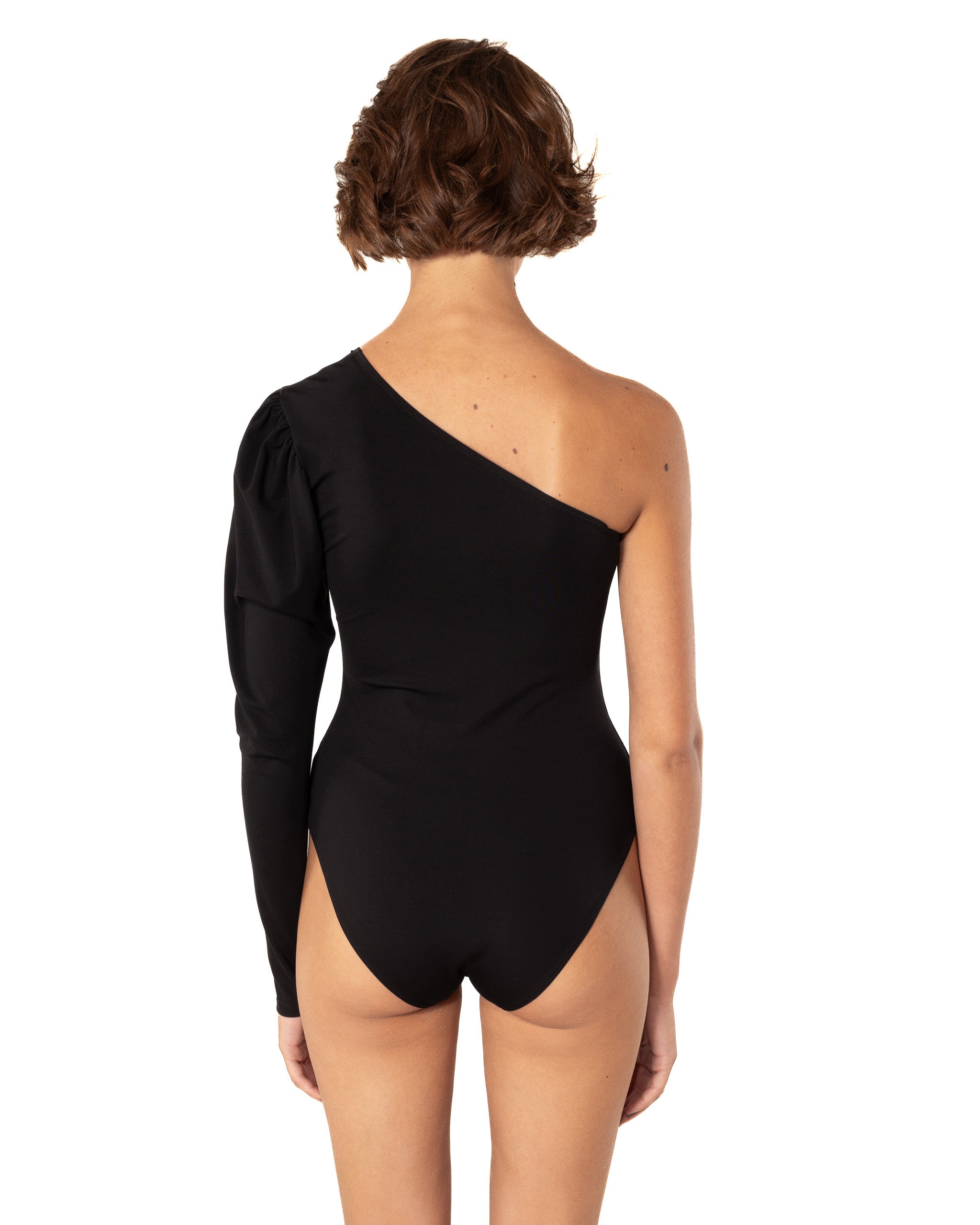 This bodysuit's model highlights the collarbone area and gracefully shows right shoulder and arm. The sleeve has wider body on the upper part which creates an elegant look.
