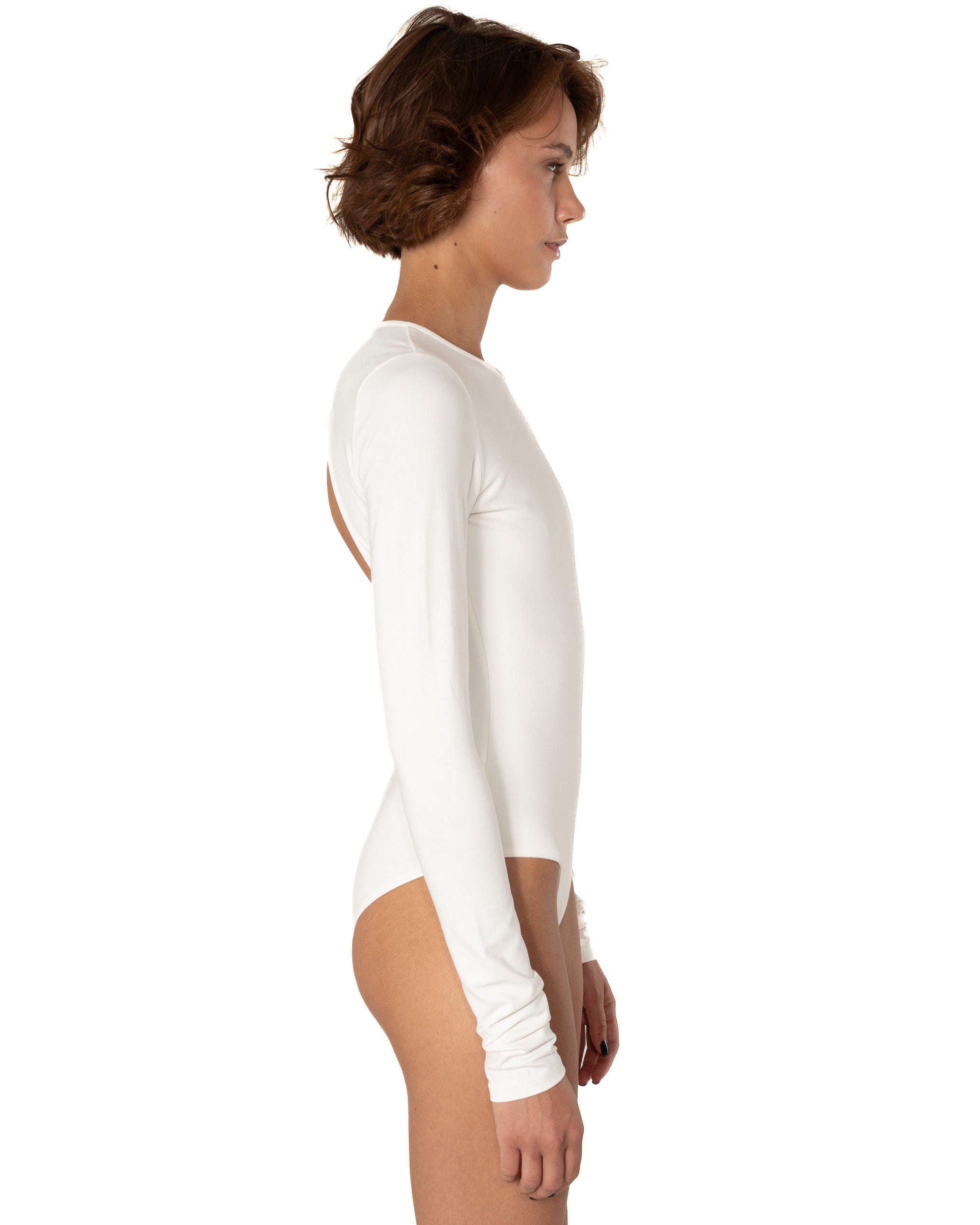 This bodysuit's model embraces femininity more than any piece of clothing possibly could. Non-transparent elastic fabric perfectly covers your body from the front and opens on the back flirtatiously.
