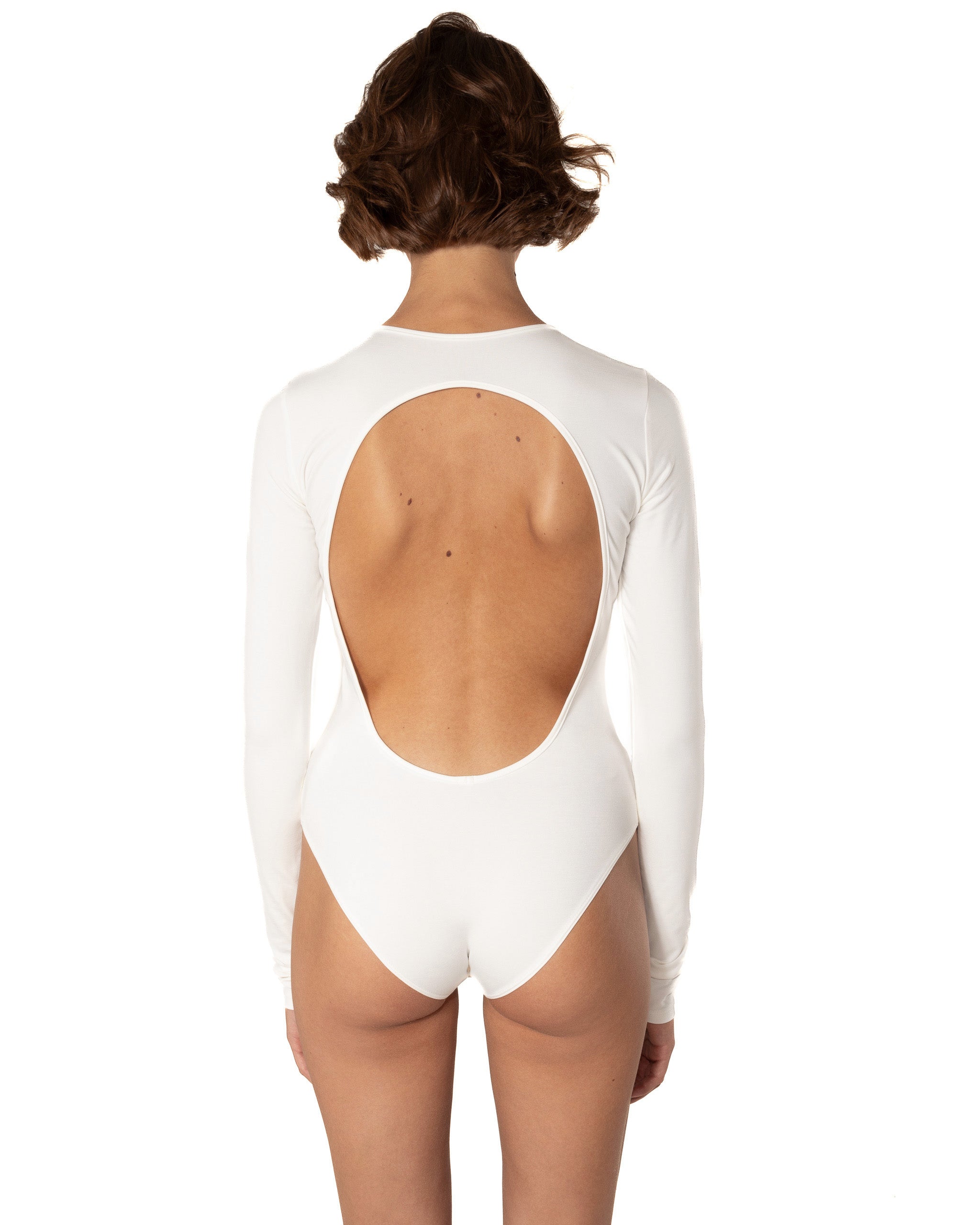 This bodysuit's model embraces femininity more than any piece of clothing possibly could. Non-transparent elastic fabric perfectly covers your body from the front and opens on the back flirtatiously.