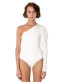 This bodysuit's model highlights the collarbone area and gracefully shows right shoulder and arm. The sleeve has wider body on the upper part which creates an elegant look.