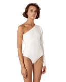 This bodysuit's model highlights the collarbone area and gracefully shows right shoulder and arm. The sleeve has wider body on the upper part which creates an elegant look.