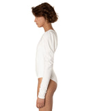 This bodysuit's model highlights the collarbone area and gracefully shows right shoulder and arm. The sleeve has wider body on the upper part which creates an elegant look.
