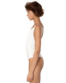 This bodysuit's model is designed for B+ cup. Perfect coverage in the front and super low cut on the back. Adjustable straps can be worn crossed on a back.