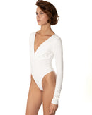 This bodysuit's model gives elegant sporty vibe. V-shape decollate and open back creates slightly provocative but very strong look.