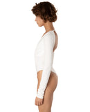 This bodysuit's model gives elegant sporty vibe. V-shape decollate and open back creates slightly provocative but very strong look.