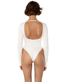 This bodysuit's model gives elegant sporty vibe. V-shape decollate and open back creates slightly provocative but very strong look.