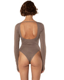 This bodysuit's model gives elegant sporty vibe. V-shape decollate and open back creates slightly provocative but very strong look.